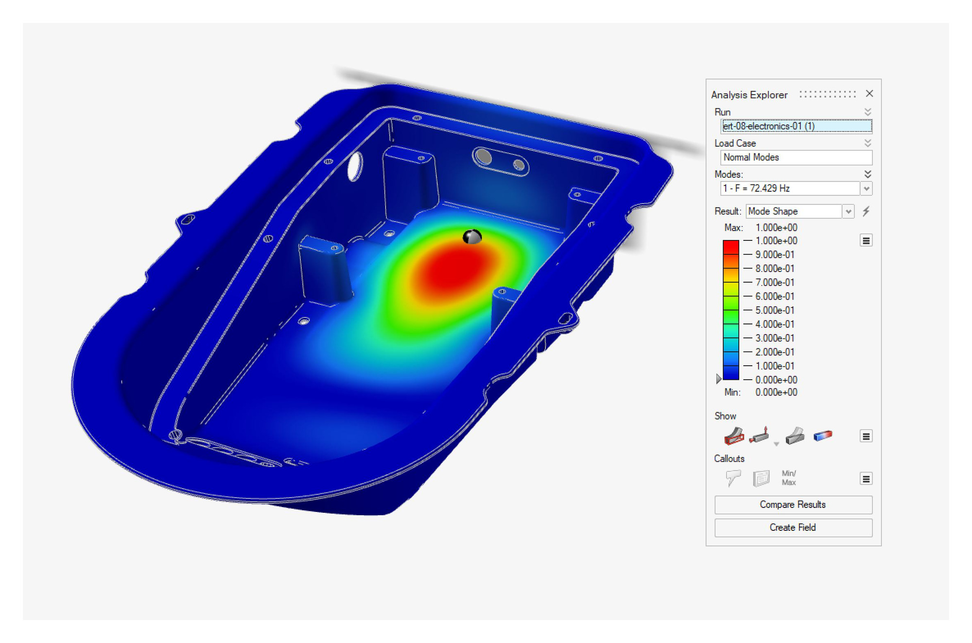 Modal analysis of the ABS enclosure, first natural frequency at 72 Hz