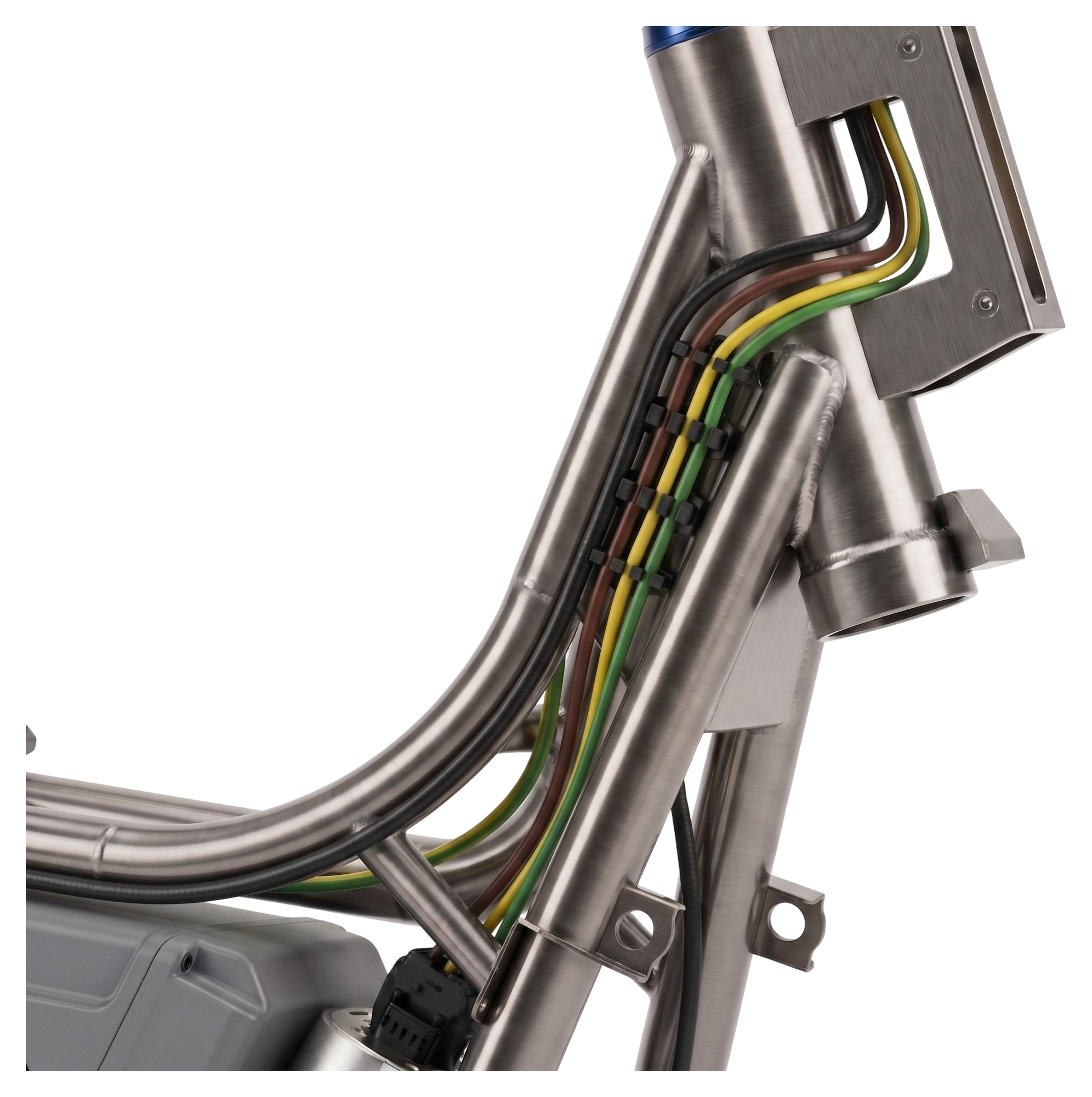 Wiring harness routed through the front frame with custom guides and the VCU bracket