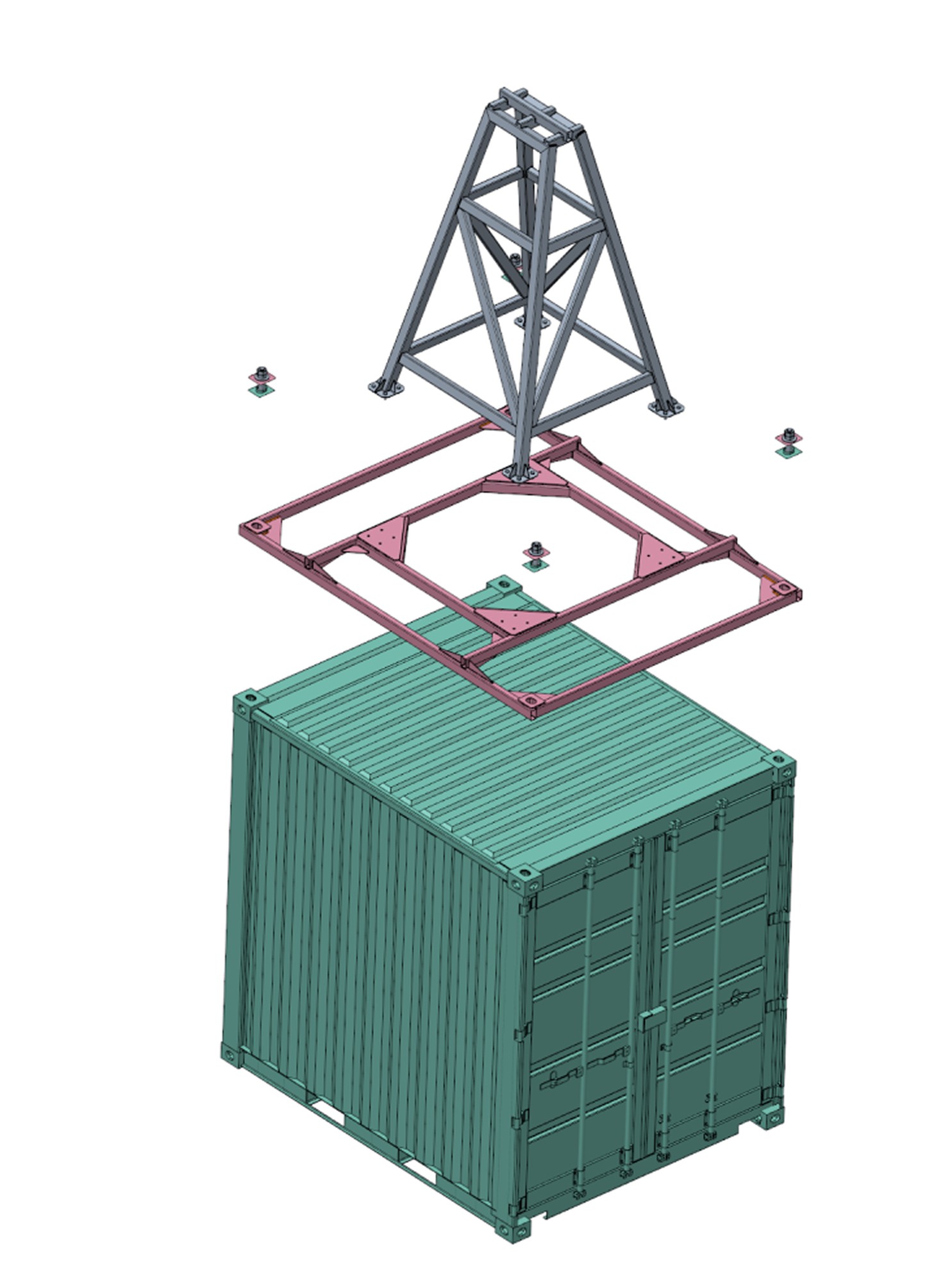 Exploded view of the twist-lock base interfacing with a shipping container
