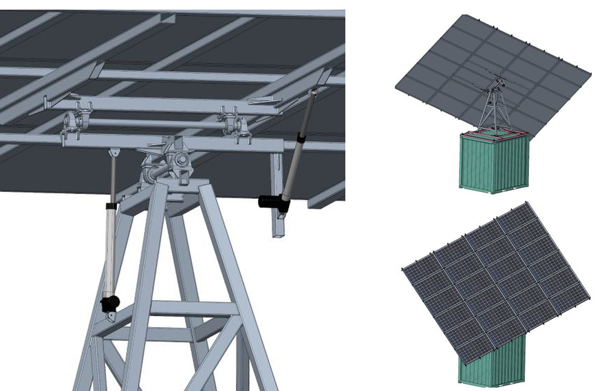 Dual-axis actuation detail, with the tracker at both ends of its tilt range