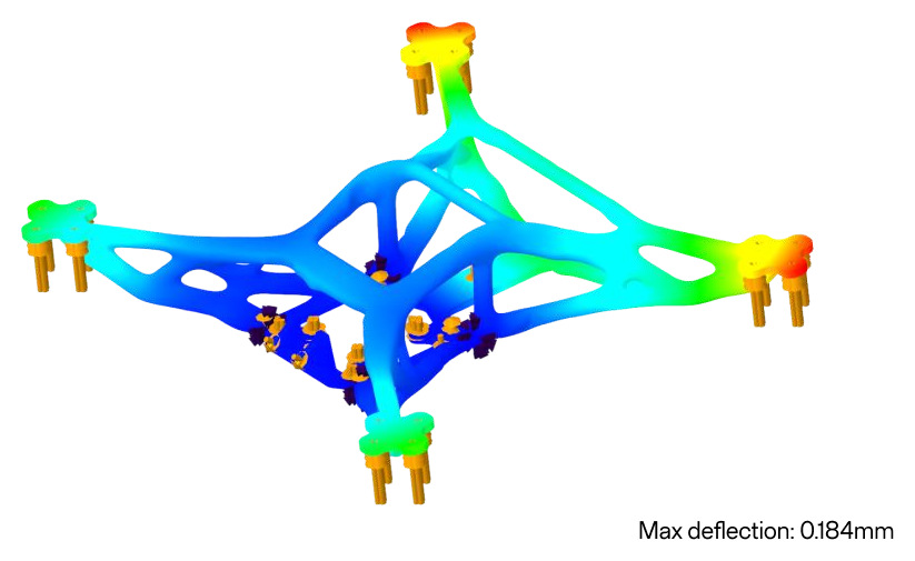 FEA displacement result on the optimized frame under full peak thrust