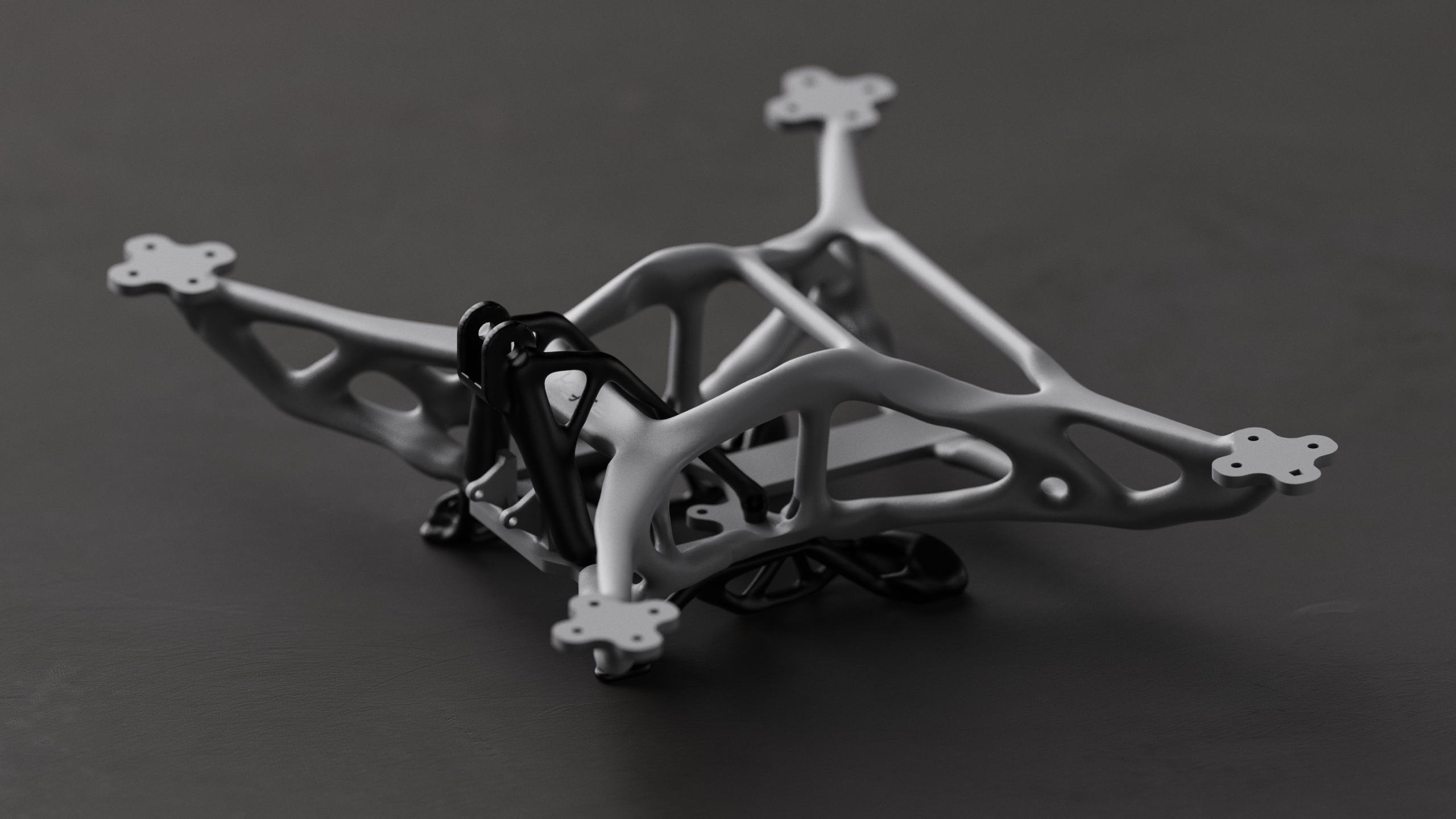 The optimized frame with motors and props fitted, no body panels
