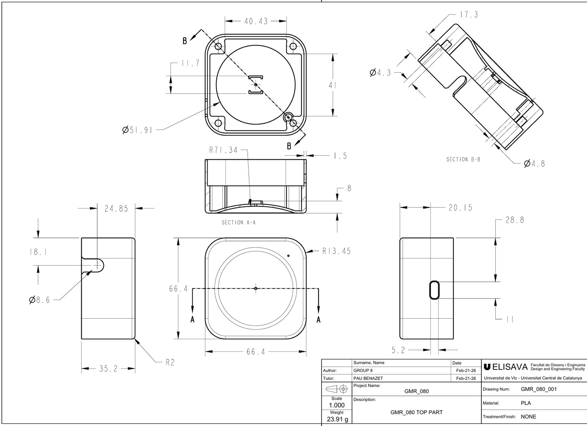 Manufacturing drawing of the enclosure top part, 3D-printed in PLA