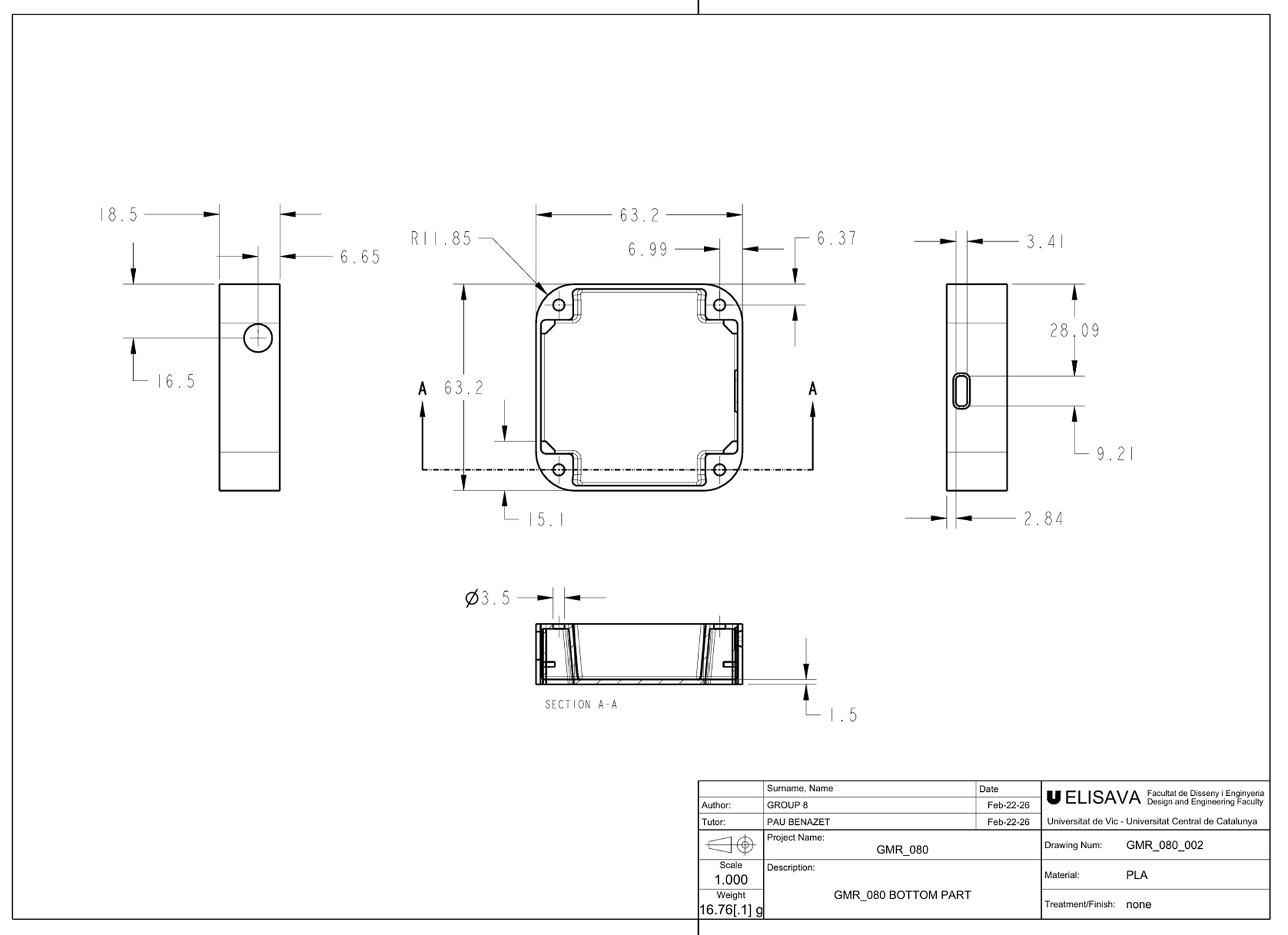 Manufacturing drawing of the enclosure bottom part, 3D-printed in PLA