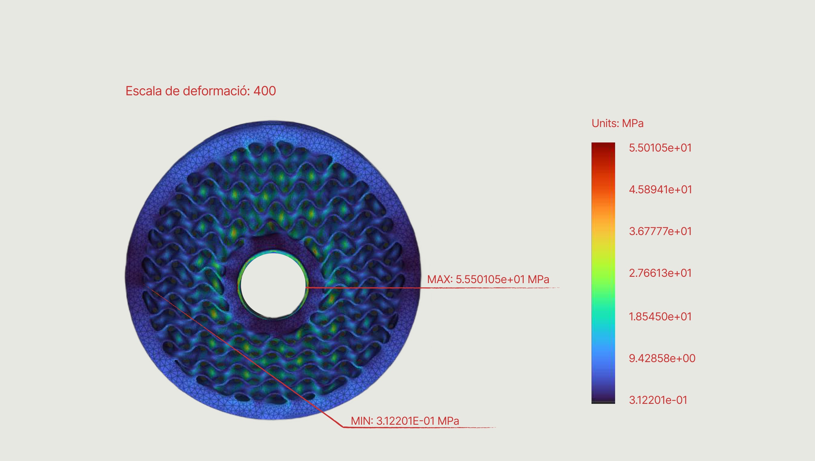 Wheel — Von Mises stress under the 5000 N ground reaction, deformation scale 400