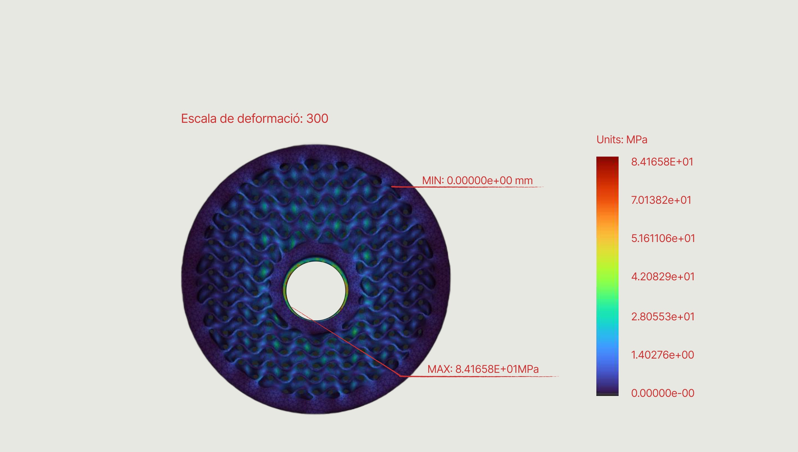 Wheel — Von Mises stress under the 5000 N ground reaction, deformation scale 300