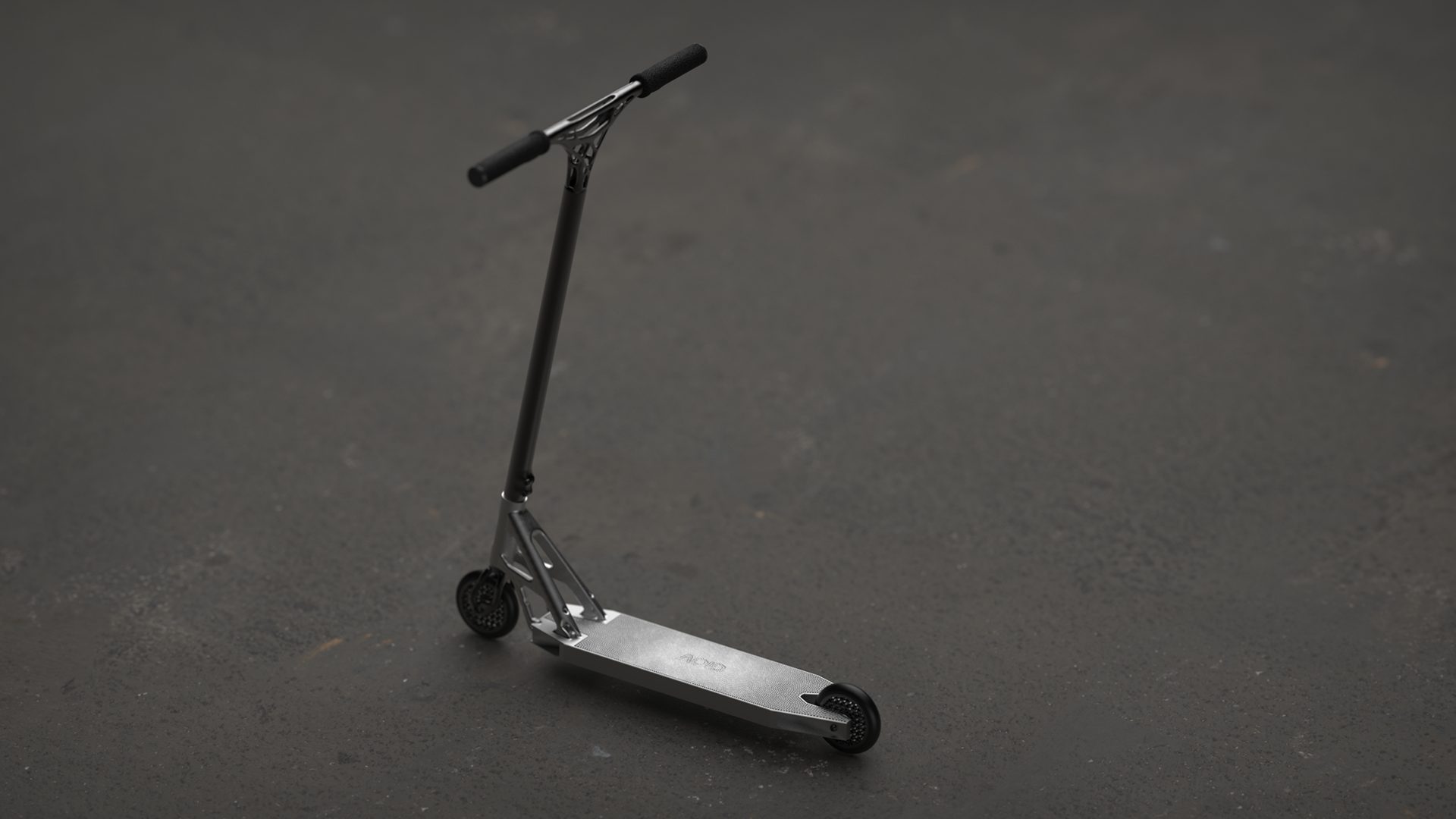 Three-quarter view of the complete scooter